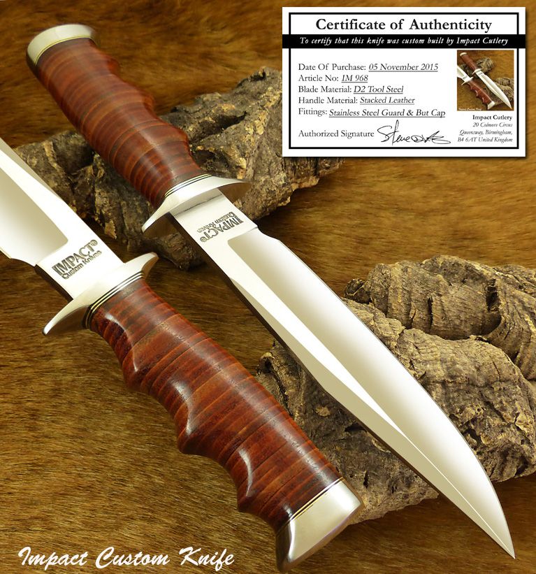 HAND MADE BY IMPACT CUTLERY RARE CUSTOM D2 BOWIE KNIFE CAMEL STACKED