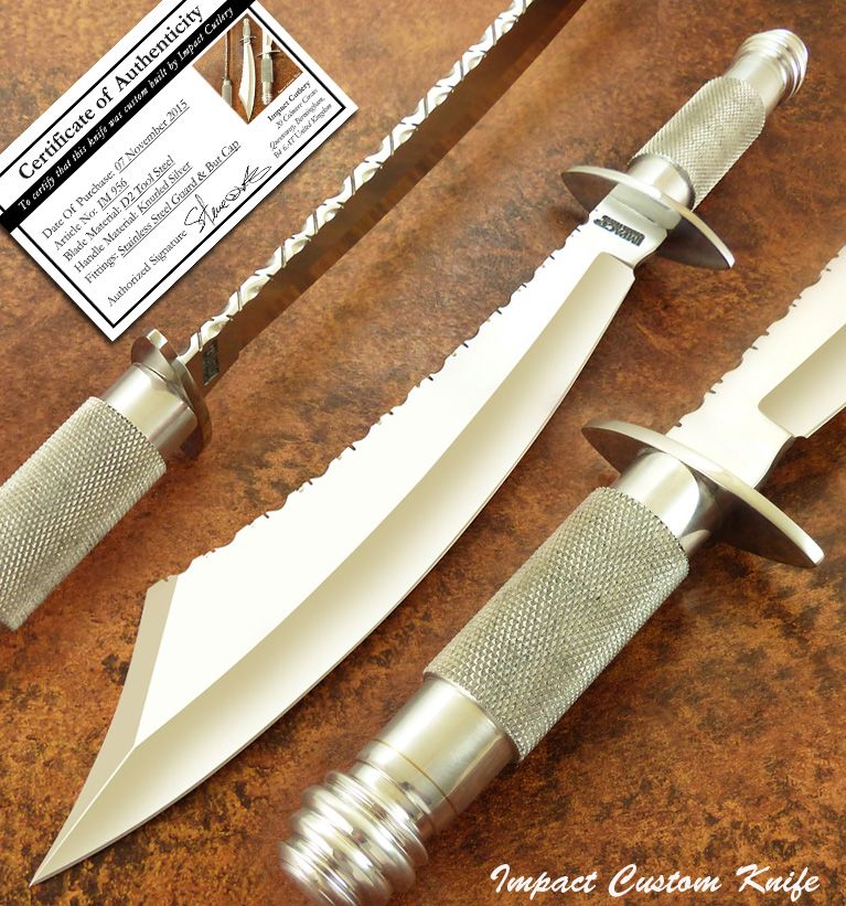 HAND MADE BY IMPACT CUTLERY RARE CUSTOM D2 BOWIE KNIFE KNURLED SILVER